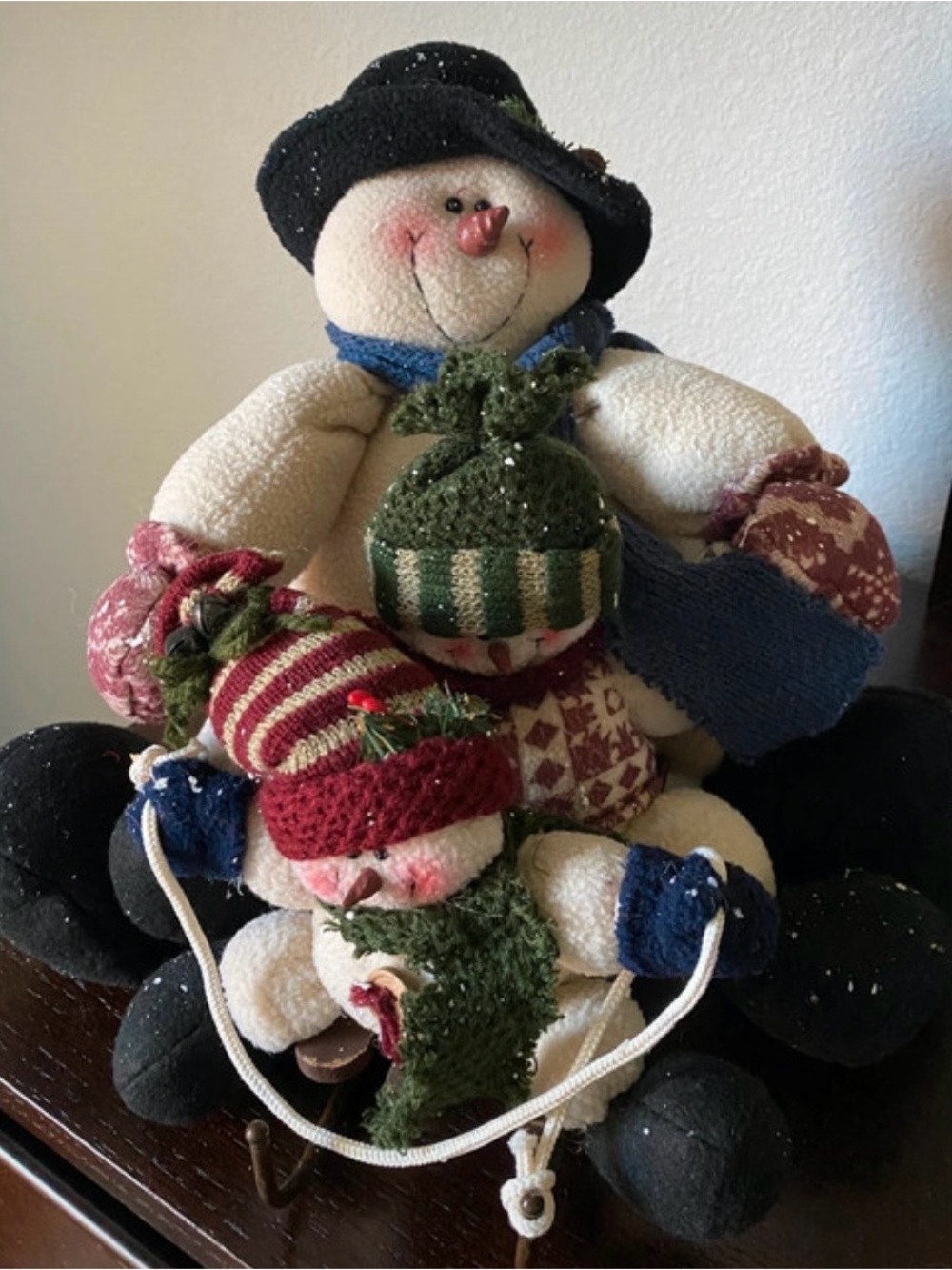 Vintage Plush Snowman & Family on Sleigh